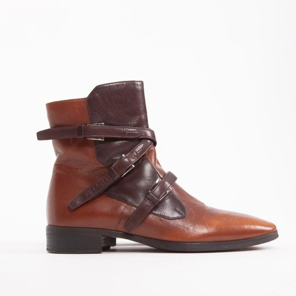 Prada Two Tone Buckles Flat Ankle Moto Riding Boot - 39